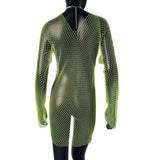 Bling Rhinestones Fishnet Mini Dress Women Sexy Long Sleeve Crystal Dress