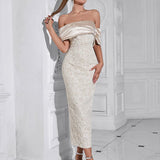 Slash Neck Embossed Flower Beige Dress