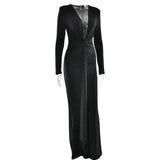 Elastic Deep V-Fold Lace Maxi Dress