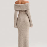 Fluffy Solid Knitted Off Shoulder Midi Dress