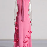 3D Flower Appliqué Mock Neck Midi Dress