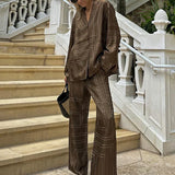 Long Sleeved Silk Geometric Shirt High Waist Pant Set