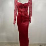 Square Collar Lace-Up Backless Long Sleeve Maxi Dress
