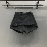 Women's Fake Two Pieces of High Waist A-line Thin Denim Shorts Street Style