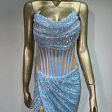 Strapless Mesh Sequins Ruffles Maxi Dress
