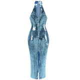 High neck bead wrapped hip skirt slit sequin dress
