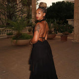 Black Deep Neck Open Back  Ruffled Maxi Dress