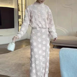 Knitting 3D Flower Lantern Sleeve Top and Long Skirt Suit