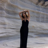 Solid Backless Halter Knit Slit Maxi Dress