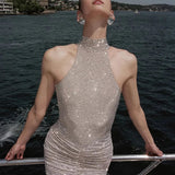 Halter Neck Backless Crystal Folds Long Dress