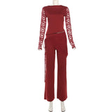 Patchwork Lace Long Sleeve Pant Suit