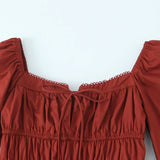 Bow Square Collar Puff Long Sleeve Elastic Waist Mini Dress