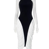 Patchwork Halter Backless Contrast Pleated Midi Dress