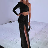 Black Inclined Shoulder High Split Draped Maxi Dress