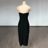 Black Metal Cross Brooch Design Strap Bandage Slit Midi Dress