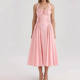 Corset Style Bow Halter Spliced Lace Midi Dress