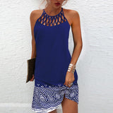 Women Beach Mini Dress Fashion Summer Sleeveless Hollow Elegant Boho Party