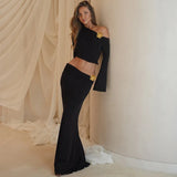 3D Floral-applique Long Sleeve Skirt Suit