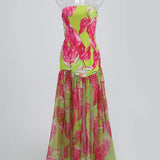 Strapless Retro Print Split Long Dress