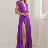Deep V Purple Maxi Dress High Slit