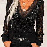 Lace Sexy V Neck Dot Print Slim Fit T-Shirt