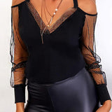 Lace Sexy V Neck Dot Print Slim Fit T-Shirt