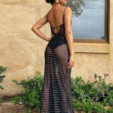 Bandage Point Print Mesh Women Party Club Clothings Maxi Dress