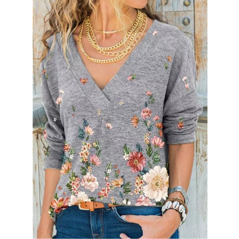 V-neck Flower Print Long-sleeved T-shirt