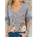 V-neck Flower Print Long-sleeved T-shirt