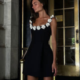 Elyse - Floral Neckline Solid Mini Dress