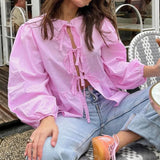 Casual Lace Up O-neck Ruffled Hem 2025 Spring Summer Bow Puff Sleeves Female Office Shirt Blouse