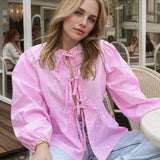 Casual Lace Up O-neck Ruffled Hem 2025 Spring Summer Bow Puff Sleeves Female Office Shirt Blouse