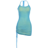 Drawstring Strap Sleeveless Halter Bodycon Fashion Skinny 2025 Summer Sexy Mini Dress