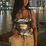 Color Shiny Bodycon Sexy Style Vest Top Summer Casual Basic Crop Tops