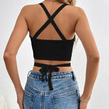Crisscross Halter Top Back Solid Party Wear Crop Top