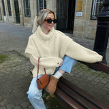 Solid Knit Turtleneck Double Lantern Sleeve Thick Warm Oversized Loose Fall Winter Sweater