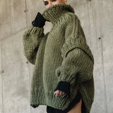 Solid Knit Turtleneck Double Lantern Sleeve Thick Warm Oversized Loose Fall Winter Sweater