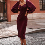 Solid Puff Sleeve Midi Dress Women Strapless Long Sleeve Dress