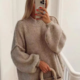 Solid Round Neck Splicing Knitted Pullover Women Basic Warm Long Sleeves Sweater