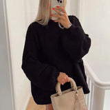 Solid Round Neck Splicing Knitted Pullover Women Basic Warm Long Sleeves Sweater