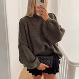 Solid Round Neck Splicing Knitted Pullover Women Basic Warm Long Sleeves Sweater