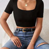Square Neck Crop T-Shirt Y2K Sexy Short Sleeve Spring & Summer Crop Top