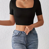 Square Neck Crop T-Shirt Y2K Sexy Short Sleeve Spring & Summer Crop Top