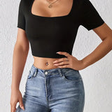 Square Neck Crop T-Shirt Y2K Sexy Short Sleeve Spring & Summer Crop Top