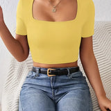Square Neck Crop T-Shirt Y2K Sexy Short Sleeve Spring & Summer Crop Top