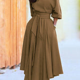 Diagonal Collar Boho Lace Up Elegant Dress