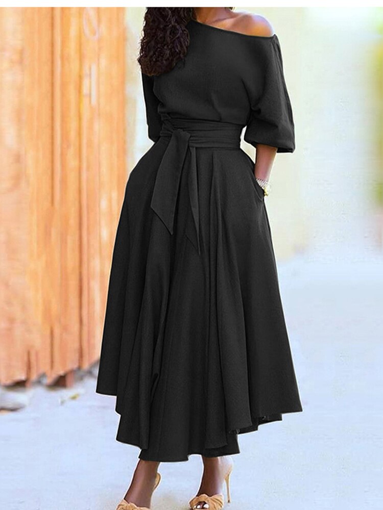 Diagonal Collar Boho Lace Up Elegant Dress