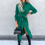 Slim Lace Up Long Sleeve Turn Down Collar Maxi Dress