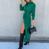 Slim Lace Up Long Sleeve Turn Down Collar Maxi Dress
