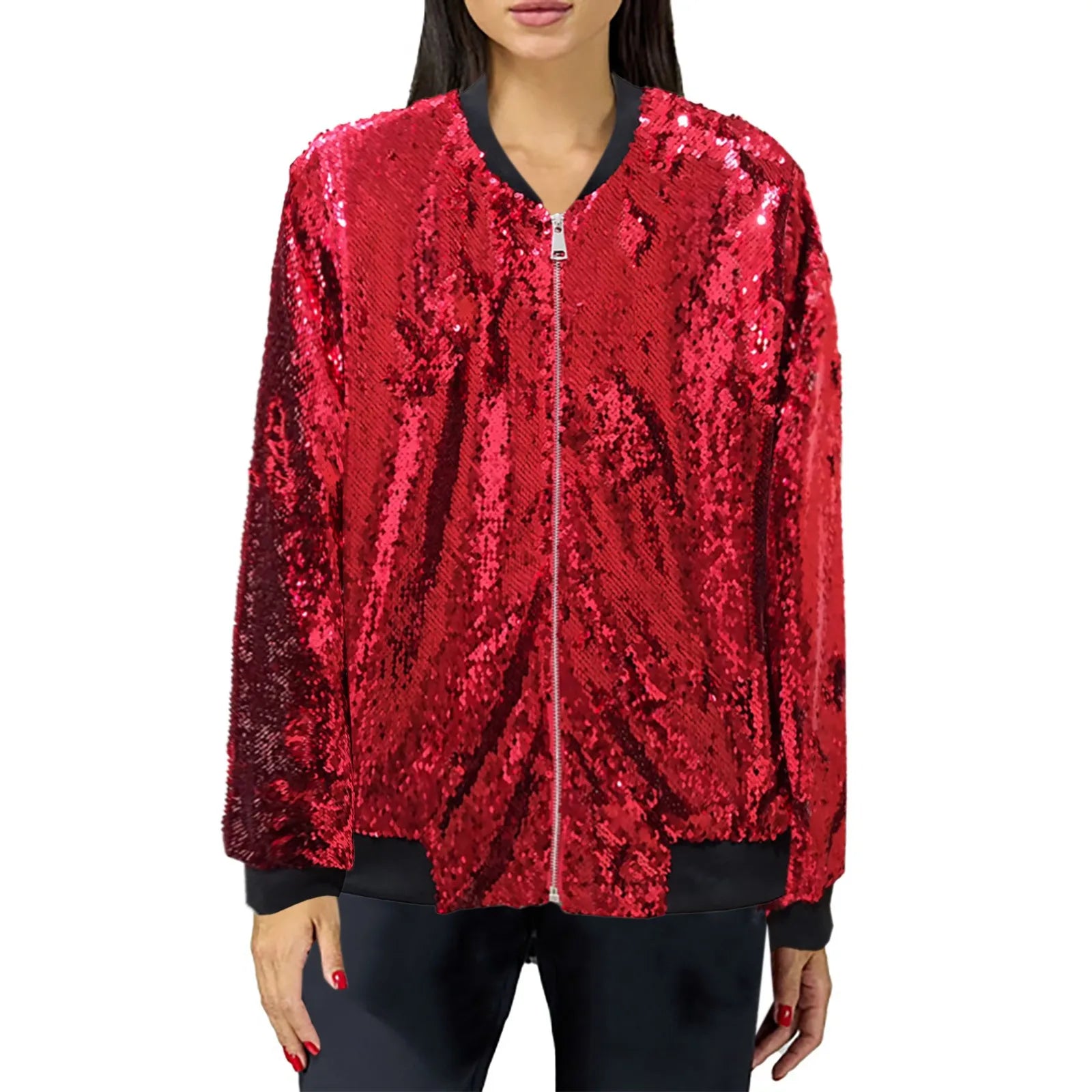 Sequin Bomber Zipper Basic Lady Outwear Jacket